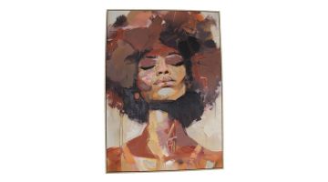 Abstract portretschilderij van een vrouw met gesloten ogen in warme aardetinten, omlijst met een dunne rand.