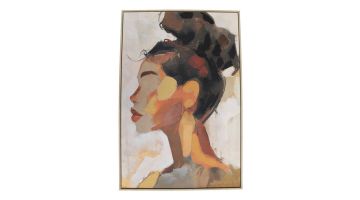 Abstract schilderij van een vrouw in profiel, moderne wanddecoratie in warme aardetinten op doek met dunne omlijsting.