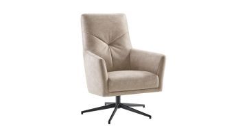 Draaifauteuil Menori in beige microleder met zwart metalen draaipoot, vooraanzicht.