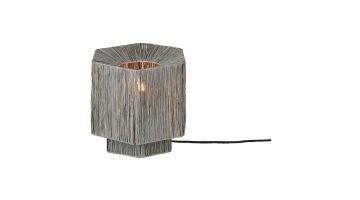 Trendhopper tafellamp van grijze raffia met unieke textuur en sfeervolle lichtval.