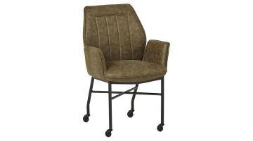 Jamie eetkamerstoel in groene Micro Olive stof met zwarte metalen poten en wieltjes, vooraanzicht.