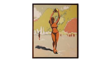 HKLiving schilderij Playground 127x152 cm met zomerse strandscène in oranje en geel tinten, recht van voren gefotografeerd