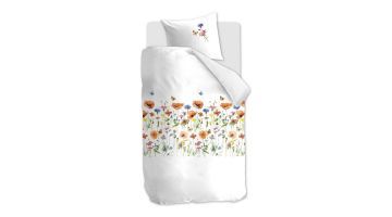 Poppy Parade dekbedovertrek van katoen, wit met kleurrijke bloemen en vlinders, eenpersoons uitvoering.