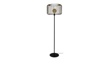 Vloerlamp Bincerro van Profijt met zwart metalen frame en opengewerkte messing lampenkap geschikt voor filamentlamp.