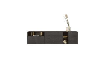 Elements dressoir onyx van 240 cm breed met 3 deuren, 2 laden en 5 niches met ledverlichting.