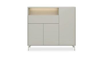 Dressette Noon in silk grey met led verlicht niche, 3 deuren en 1 lade op metalen poten.