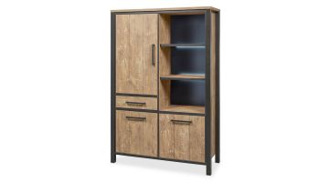 Industriële barkast Mendiga met zwart metalen frame, houtlook afwerking, 3 deuren, 1 lade en 3 open vakken met verlichting.