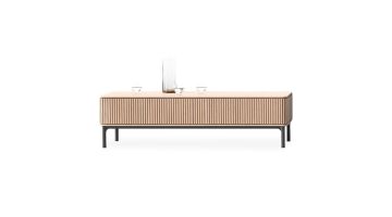 Saunaco salontafel Ron met verticale latten en slank metalen onderstel