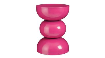 Bijzettafel Luna in fuchsia van Trendhopper, met sculpturaal design van drie bolle vormen en glanzende afwerking.