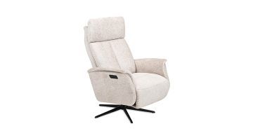 Hald 360° Swivel Relaxfauteuil in beige stof met zwarte draaivoet, vooraanzicht.