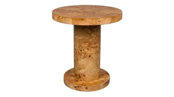 Dutchbone bijzettafel Quinn van wortelhout met rond blad, cilindervormige poot en ronde voet, vrijstaand.