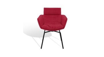 Rode KFF Faye eetkamerstoel met armleuningen en zwart metalen onderstel, vooraanzicht