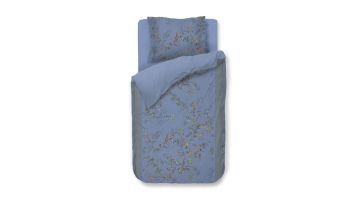 Bustani dekbedovertrek blauw met takken en fantasiebloemen, inclusief kussensloop, gemaakt van katoenperkal 200TC.