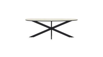 Trendhopper Tafel Hano Organisch met ovaal HPL tafelblad van 220x110 cm en zwarte metalen kruispoot, frontaal gefotografeerd tegen een neutrale achtergrond.