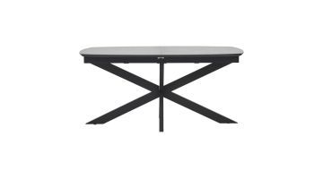 Trendhopper Hano tafel frontaal – Deens ovaal uitschuifbare tafel met grijs HPL-blad en zwarte matrixpoot, recht van voren gefotografeerd.