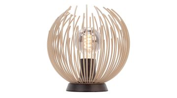 Eglo Alhabia tafellamp in zandkleur met open metalen bolvormig frame en zichtbare filamentlamp in het midden.