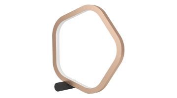 Eglo Estrella tafellamp LED met vijfhoekig verlichtingsframe in bronze kleur op zwarte cilindervormige voet, uitgeschakeld.