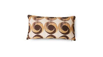 Close-up van het HKLIVING Doris Collectie Kussen Nostalgisch met retro-achtige cirkelpatronen in bruin en geel.