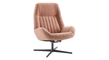 INHOUSE draaifauteuil Tirona in roze stof met zwarte metalen kruisvoet, vooraanzicht.