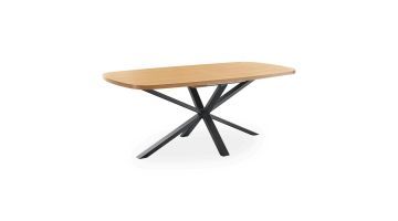 Eetkamertafel Caltana Deens ovaal met zwart metalen spinpoot en houten blad.