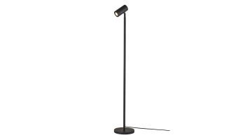 Java vloerlamp zwart van metaal en bamboe met verstelbare spot, minimalistisch afgewerkt in zwart.