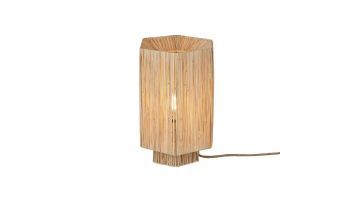 Close-up van de Tafellamp Panama in raffia en ijzer, met warme sfeervolle lichtval.