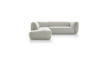 Baenks Croydon hoekbank in stof Matera white grey, gezien van voren met eiland links en afgeronde vormen.