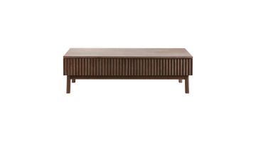 Rechthoekige salontafel Arrosto Dark Roast van Pronto Wonen, frontaal gezien met lattenstructuur en houten poten.