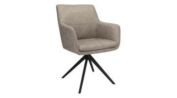 INHOUSE eetkamerstoel Vigios Bull Clay in bruin microleer met zwart metalen poten en draaifunctie, schuin vooraanzicht.