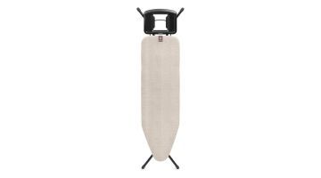 Brabantia strijkplank Denim Grey 124x38 cm met zwarte strijkijzerhouder, vooraanzicht