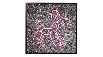 LED wandfoto met neonroze ballonhond op zwarte gespikkelde achtergrond in zwart frame.