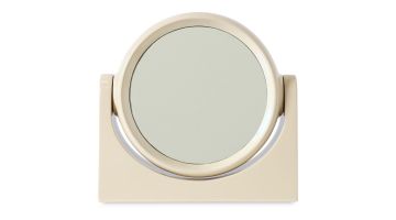 HKLIVING Kaptafelspiegel Cream, vooraanzicht van ronde spiegel in roomkleurige kunststof houder.