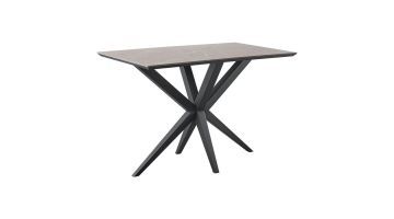 INHOUSE bartafel Nevilia met keramisch marmerlook blad en zwart metalen kruispoot, schuin zijaanzicht.