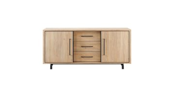 INHOUSE Dressoir Wesara Old Oak met twee deuren, drie laden en zwarte metalen poten, frontaal op witte achtergrond.