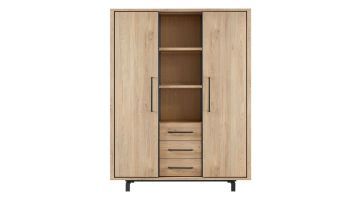 INHOUSE Wandkast Wesara Old Oak met twee deuren, drie laden en open vakken, uitgevoerd in houtkleur met zwarte metalen poten.