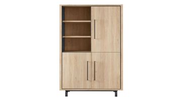 INHOUSE Opbergkast Wesara Old Oak met drie deuren, drie open vakken en zwarte metalen poten, zonder verlichting op witte achtergrond.