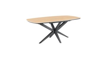 INHOUSE Eettafel Warita 160x92 cm met uitschuifbaar blad in Old Oak en zwarte metalen spinpoot, driekwart zijaanzicht.