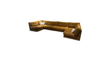 Eastleak modulaire hoekbank in Hilda-216 Army Gold van Easy Sofa, volledig weergegeven met lounge-uitstraling en losse kussens.