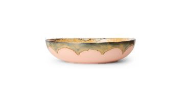 HKLIVING 70s Ceramics Salad Bowl Sunflower met golvend glazuur in roze, geel en groen.