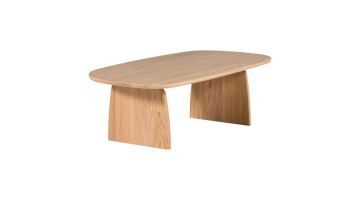 WOOOD Salontafel Tablo Eiken Transparant 110 cm, schuin vooraanzicht van ovale eikenhouten salontafel met twee brede poten.