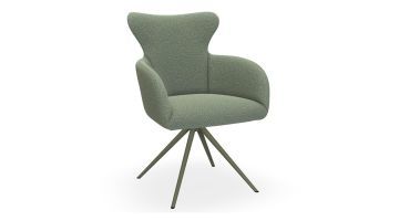 Bert Plantagie eetkamerstoel Nio in groene stof met metalen onderstel, schuin van voren gefotografeerd.