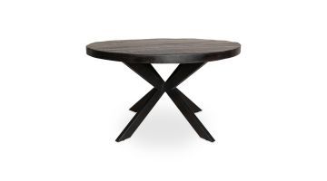 Eetkamertafel Denver Black van Starfurn met rond mangohouten blad en metalen matrixpoot.