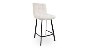 Barkruk Monet in beige stof met zwarte metalen poten, vooraanzicht op witte achtergrond.