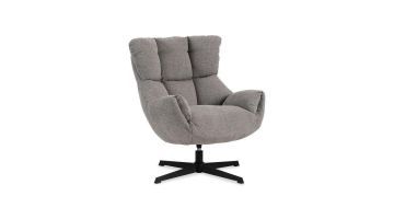 Draaifauteuil Ordini in grijze gemêleerde stof met zwarte metalen draaipoot, schuin vooraanzicht.