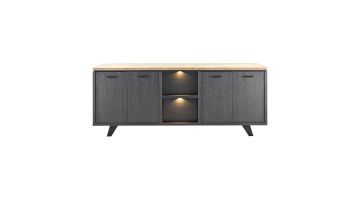 Dressoir Troia in zwart melamine met houtstructuur, licht bovenblad, LED-verlichting en schuingeplaatste metalen poten, vooraanzicht.