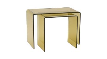 Trendhopper salontafelset Noxa by Jill, bestaande uit twee goudkleurige plexiglazen tafels met afgeronde vormen.