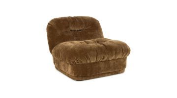 Lounge fauteuil Nook in mosterdkleurige stof, vooraanzicht.