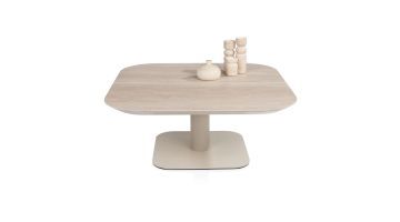 BRIANTO salontafel met keramisch blad in travertinlook en crème metalen kolompoot, moderne vierkante tafel met verfijnde uitstraling.