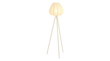 Pronto Wonen vloerlamp Moscito in ecru linnen met drie slanke poten en ovale kap, brandend licht.