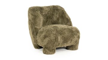 Eleonora fauteuil Samson groen in teddybekleding, driekwartaanzicht met ronde vormen en lage poten.